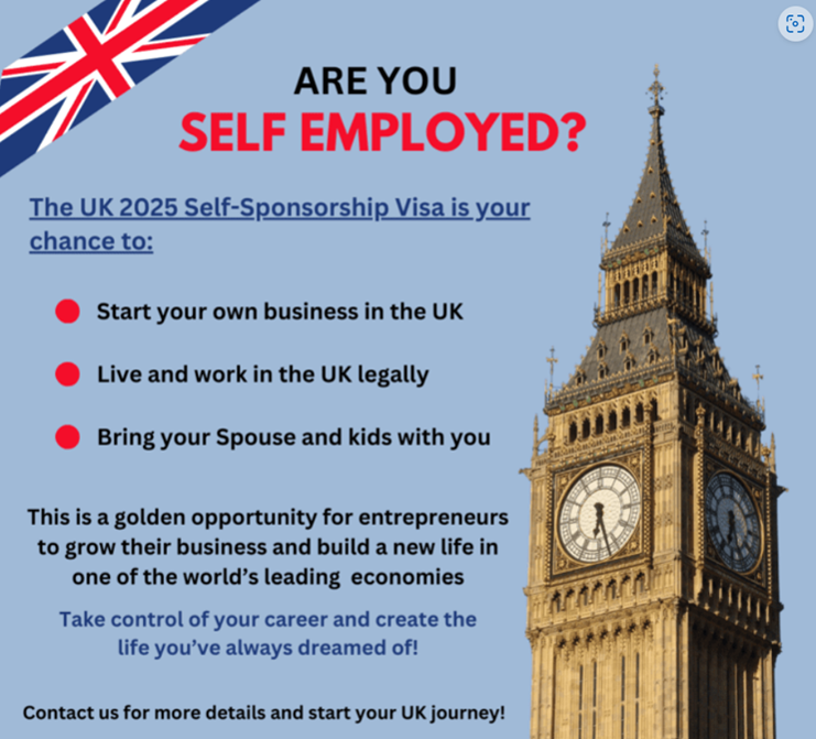 The United Kingdom does not have a dedicated self-sponsorship visa, but you can sponsor yourself through a business you own by obtinaing a Skilled Worker Visa