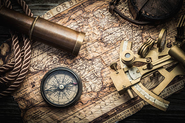 vintage marine still life with compass and old map